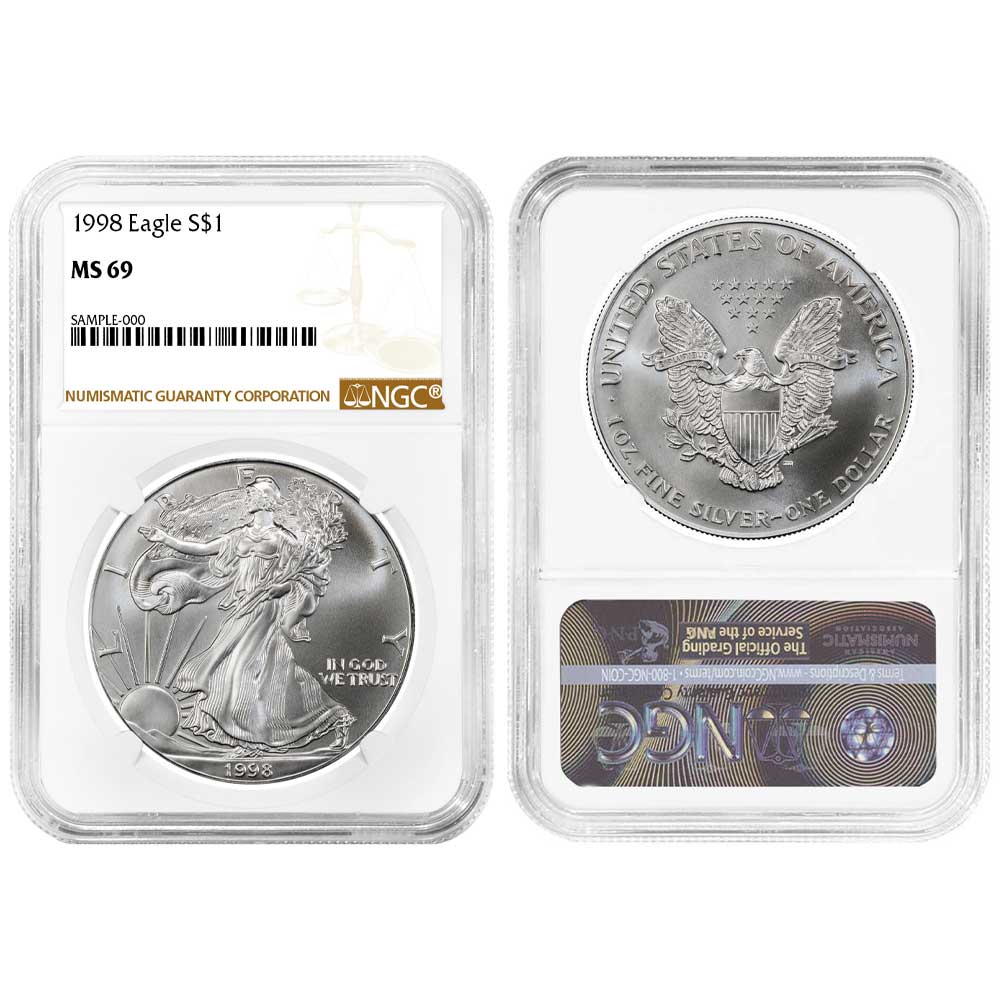1998 $1 American Silver Eagle NGC MS69 Brown Label - Pinehurst Coins