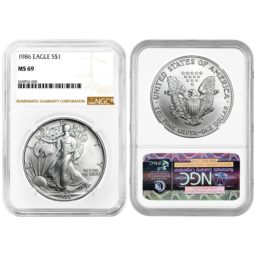 1986 $1 American Silver Eagle NGC MS69 Brown Label - Pinehurst Coins