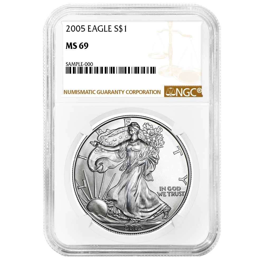 造幣局製 SILVER 89,9グラム 2005 $1 American Silver Eagle NGC MS69 Brown Label - Pinehurst Coins