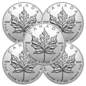 Lot of 5 - 2012 $5 Silver Canadian Maple Leaf 1 oz BU