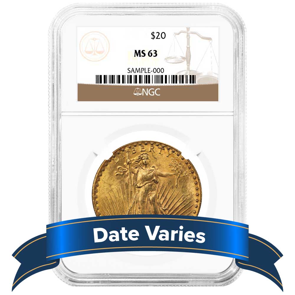 1907 to 1927 $20 St. Gaudens Gold Double Eagle NGC MS63 Random