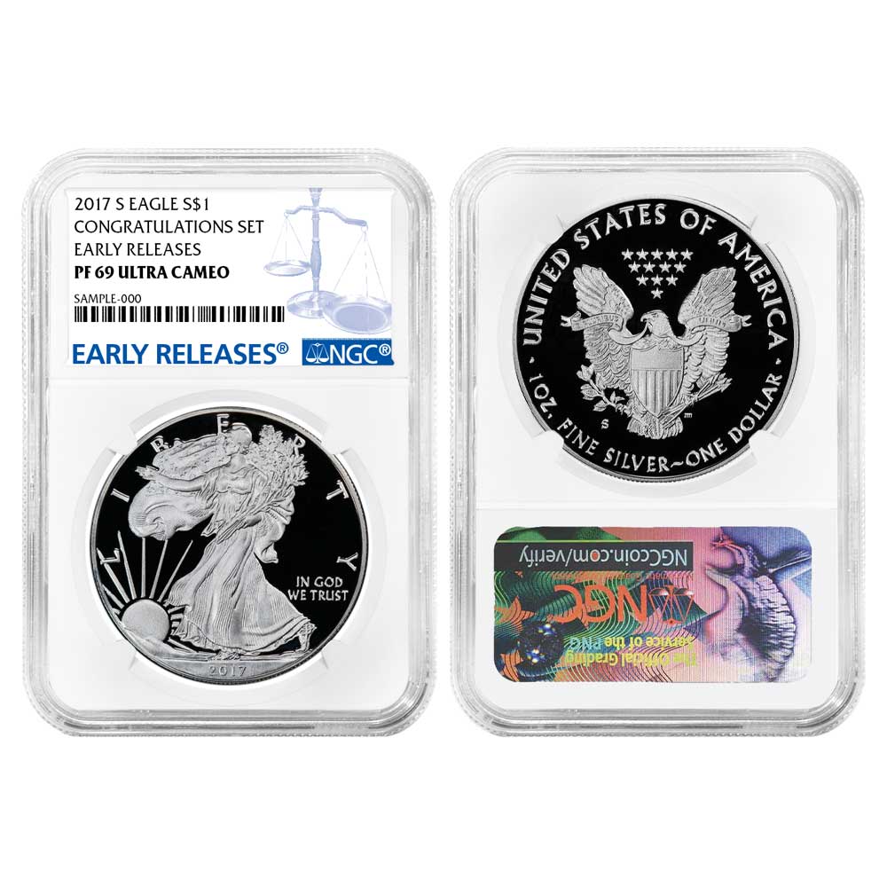 2017-S Proof $1 American Silver Eagle Congratulations Set NGC PF69UC 3pc  Blue ER Label Red White Blue - Pinehurst Coins