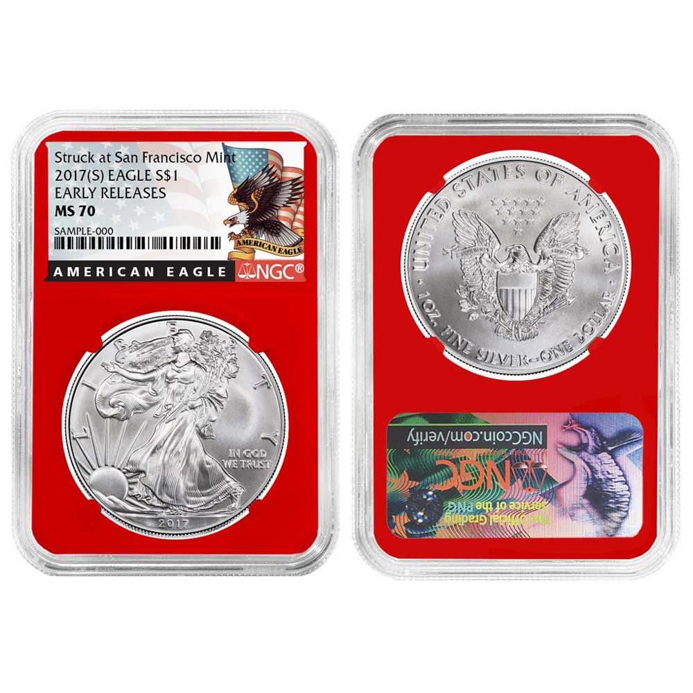 2017 (S) $1 American Silver Eagle NGC MS70 Black ER Label Red Core