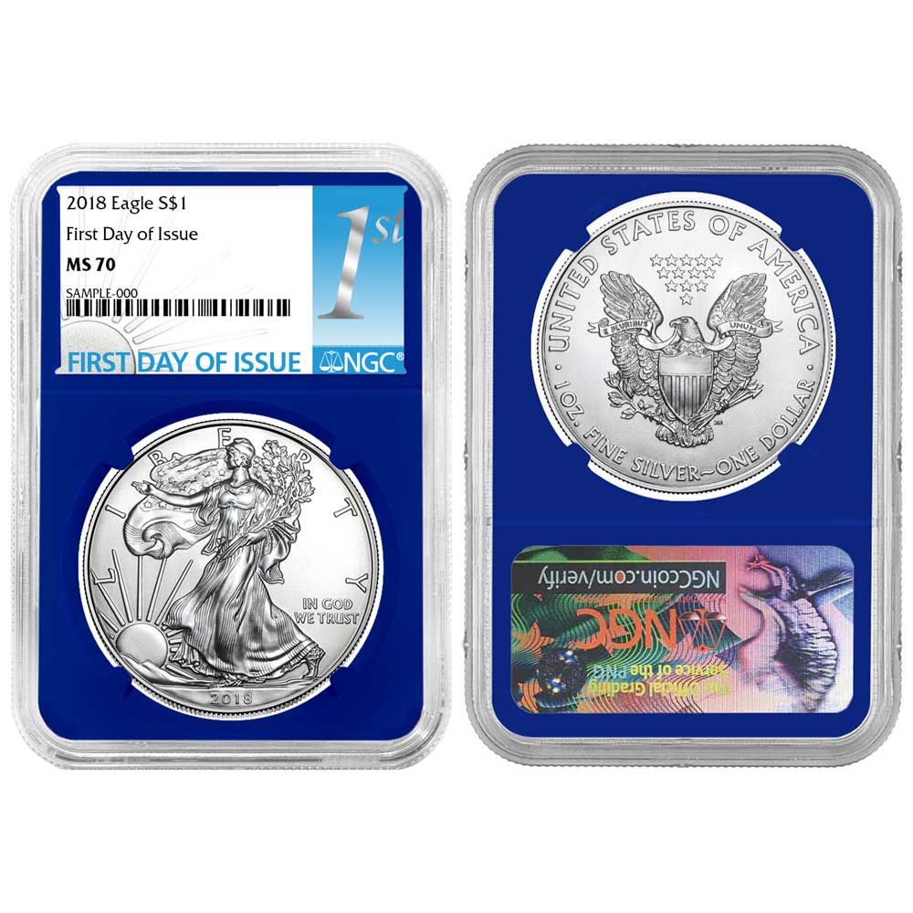 2018 $1 American Silver Eagle NGC MS70 FDI First Label Blue Core
