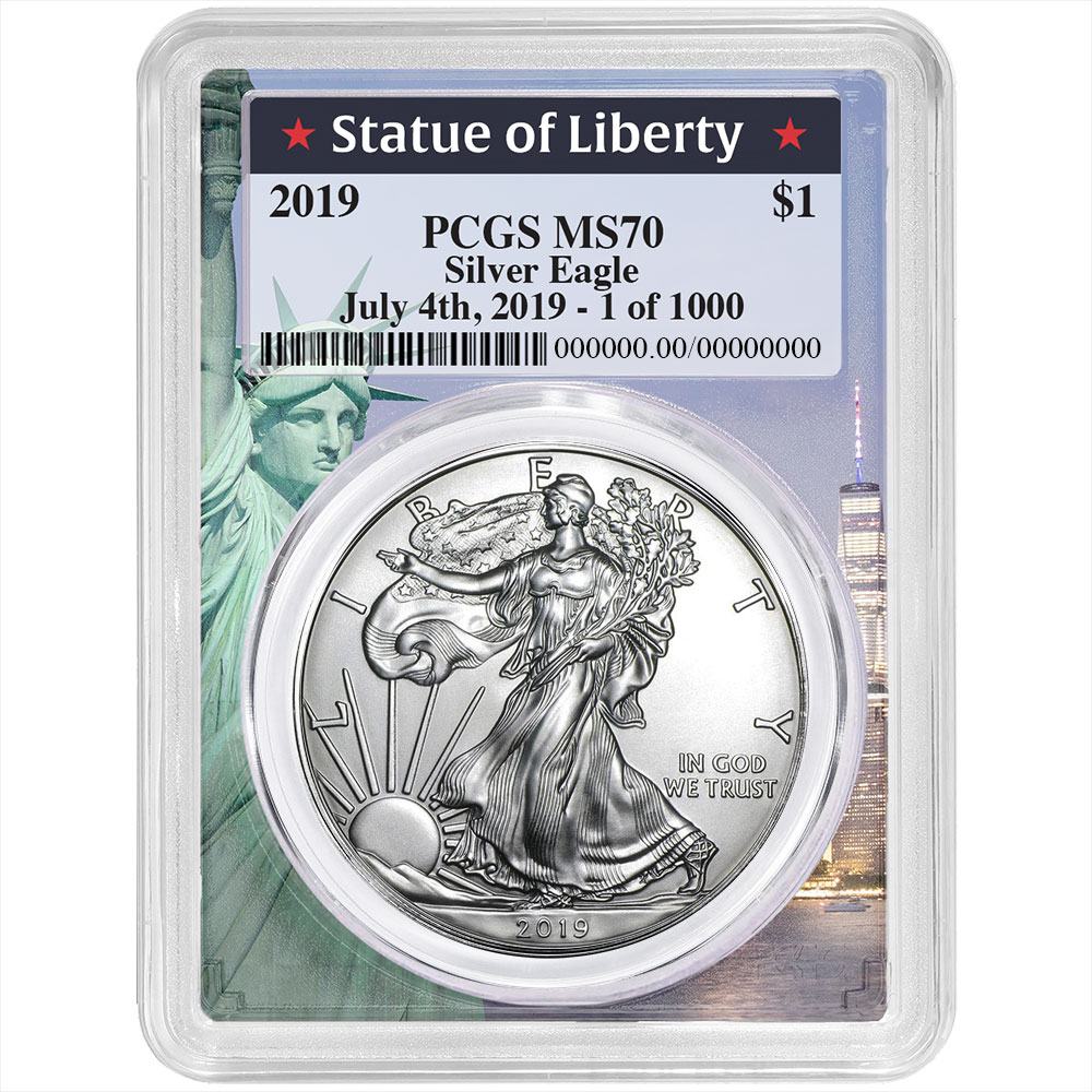 2019 $1 American Silver Eagle PCGS MS70 4th of July, Statue of