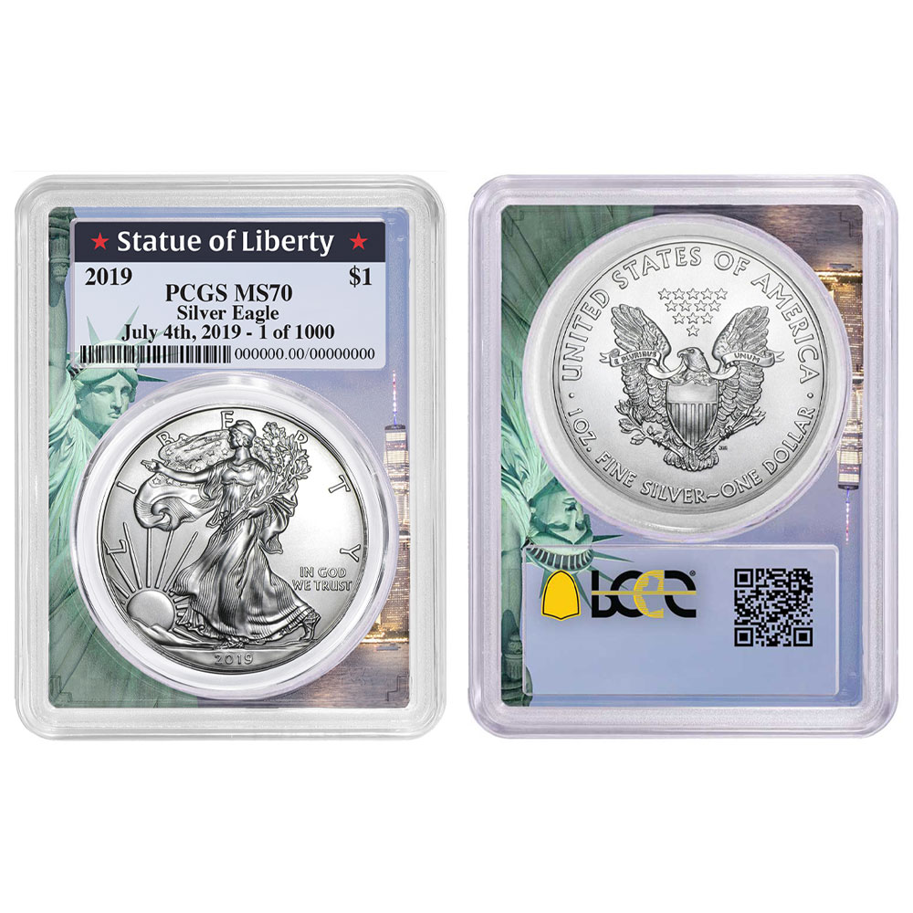 2019 $1 American Silver Eagle PCGS MS70 4th of July, Statue of