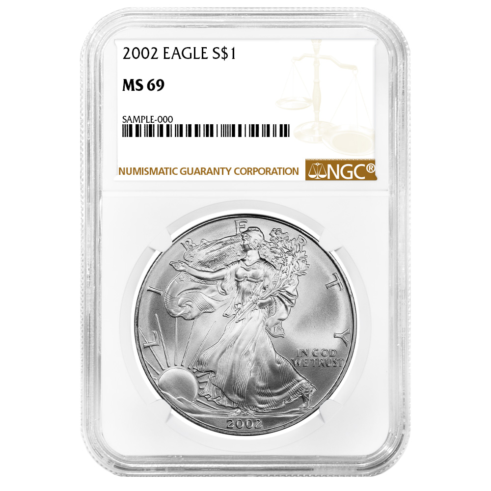 2002 $1 American Silver Eagle NGC MS69 Brown Label - Pinehurst Coins