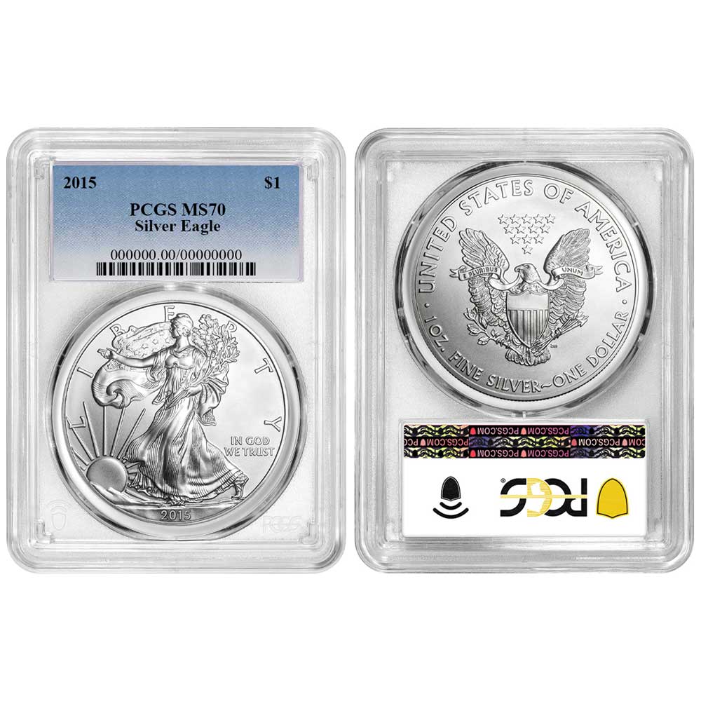 2015 $1 American Silver Eagle PCGS MS70 Blue Label - Pinehurst Coins