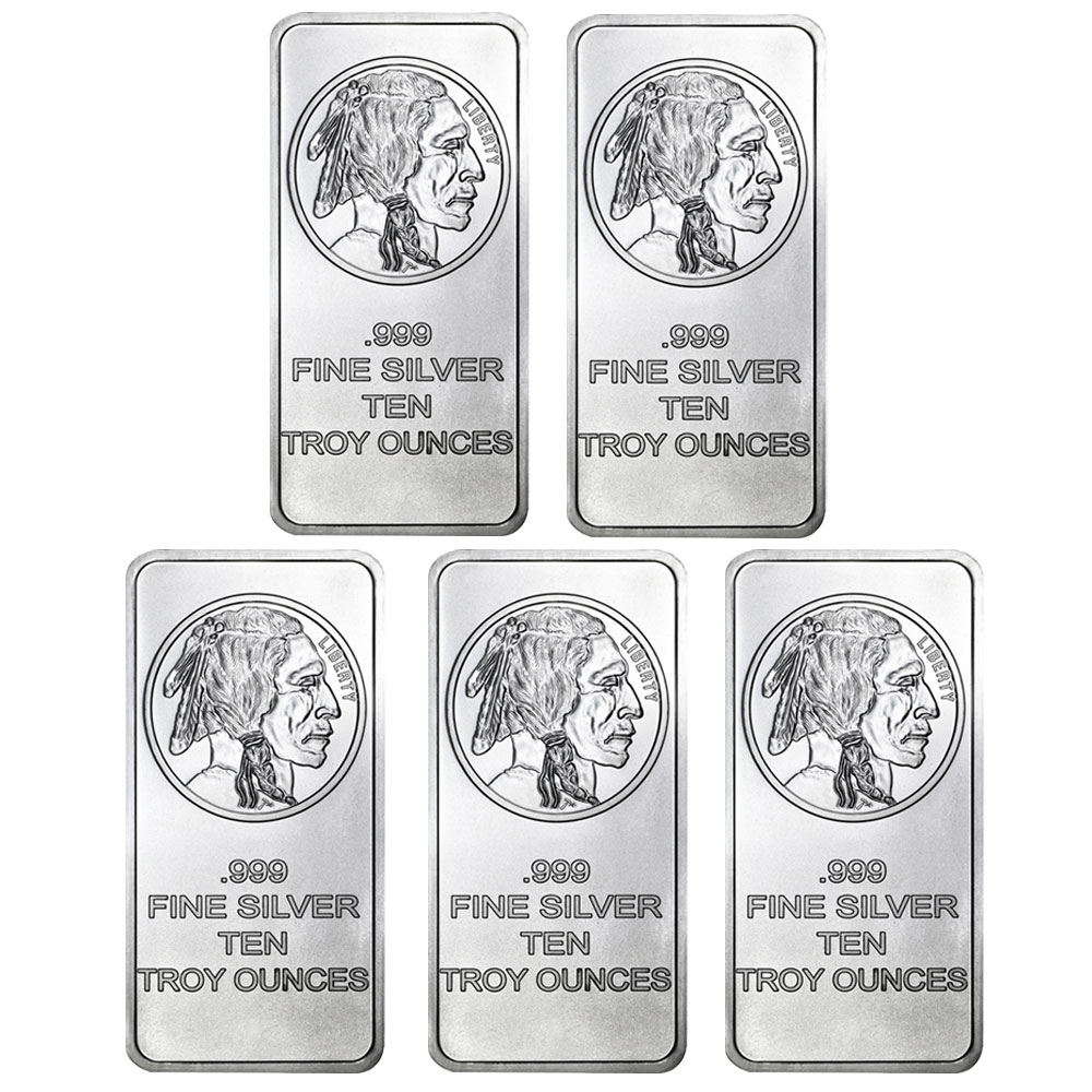 Lot of 5 - 10 Troy oz Buffalo .999 Fine Silver Bar Sealed