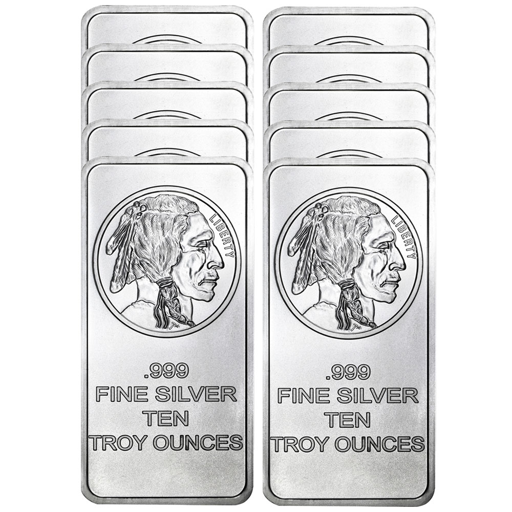 Lot of 10 - 10 Troy oz Buffalo .999 Fine Silver Bar Sealed