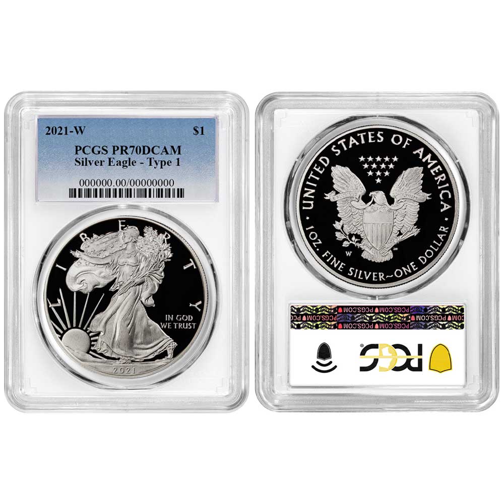 2021-W Proof $1 Type 1 American Silver Eagle PCGS PR70DCAM Blue