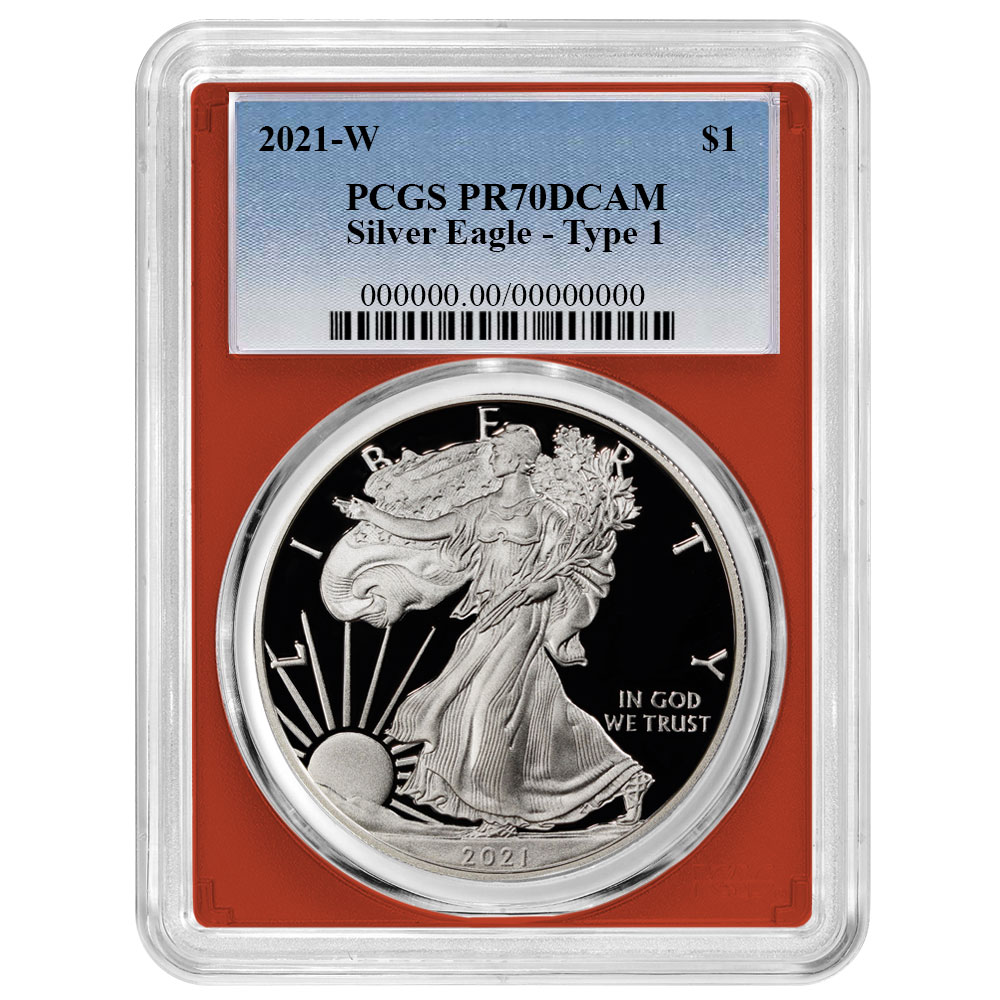 2021-W Proof $1 Type 1 American Silver Eagle PCGS PR70DCAM Blue Label Red Frame