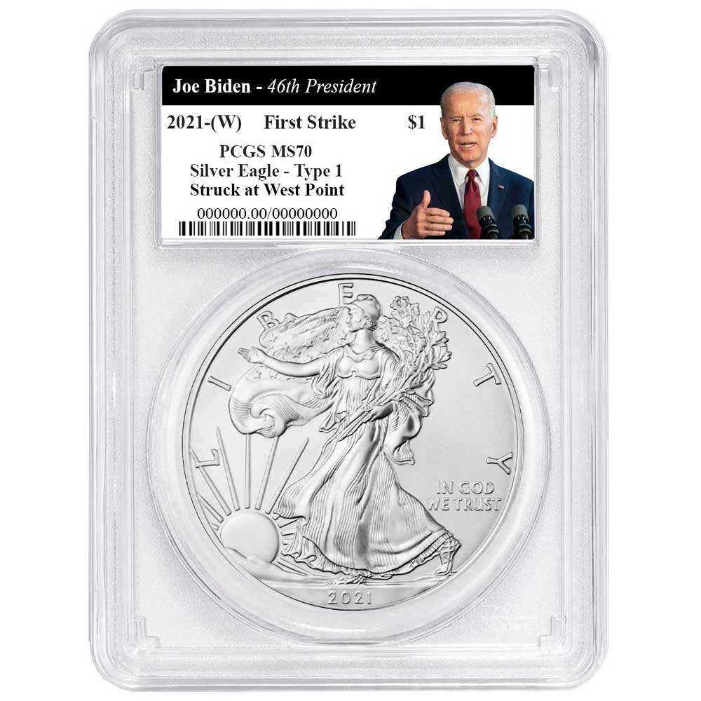 2021 (W) $1 Type 1 American Silver Eagle PCGS MS70 FS Biden 46th