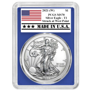 2021 (W) $1 Type 1 American Silver Eagle PCGS MS70 Made in USA Label Blue Frame
