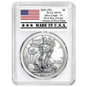 2021 (W) $1 Type 1 American Silver Eagle PCGS MS70 FDOI Made in USA Label White Frame