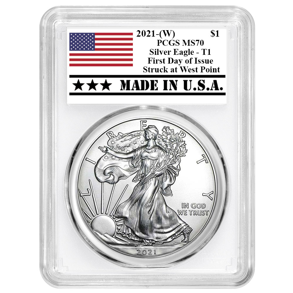2021 (W) $1 Type 1 American Silver Eagle PCGS MS70 FDOI Made in USA Label White Frame