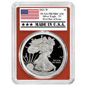 2021-W Proof $1 Type 1 American Silver Eagle PCGS PR70DCAM FDOI Made in USA Label Red Frame