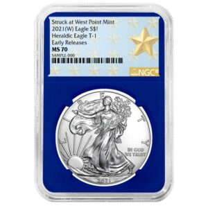 2021 (W) $1 Type 1 American Silver Eagle NGC MS70 ER West Point Star Label Blue Core