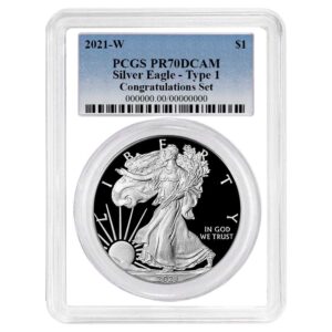 2021-W Proof $1 Type 1 American Silver Eagle Congratulations Set PCGS PR70DCAM Blue Label White Frame