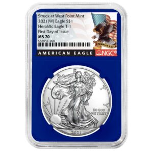 2021 (W) $1 Type 1 American Silver Eagle NGC MS70 FDI Black Label Blue Core