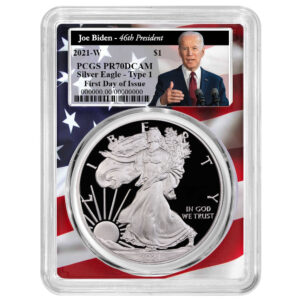 2021-W Proof $1 Type 1 American Silver Eagle PCGS PR70DCAM FDOI Biden 46th President Label Flag Frame