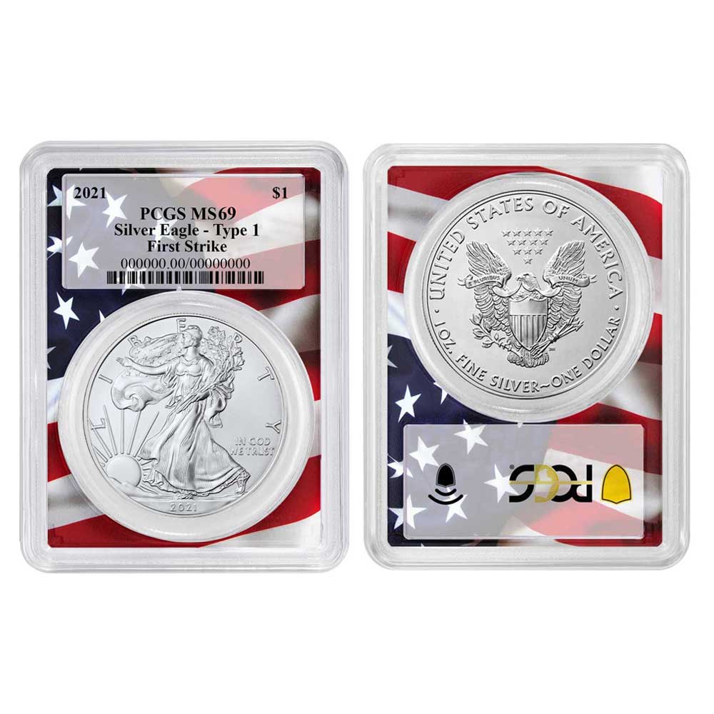 2021 $1 Type 1 American Silver Eagle PCGS MS69 FS Flag Frame