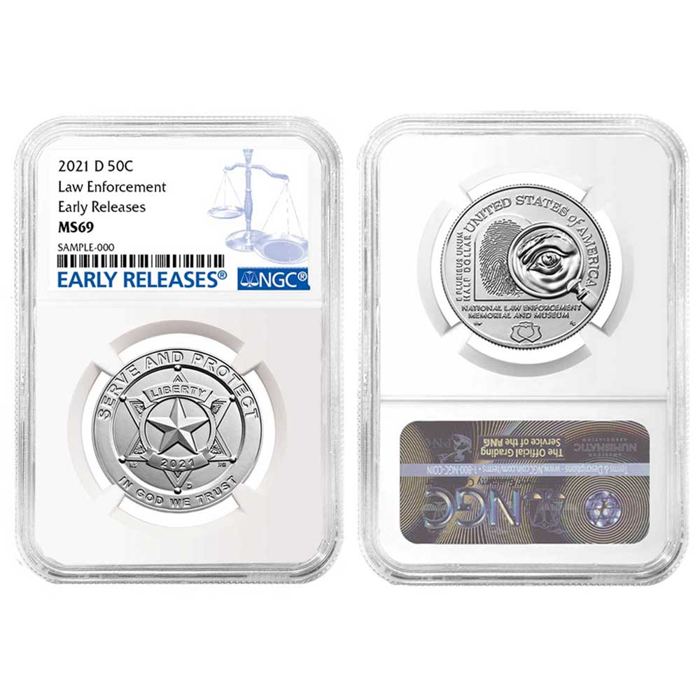 2021-D UNC Clad 50c National Law Enforcement Half Dollar NGC MS69 ER Blue  Label - Pinehurst Coins