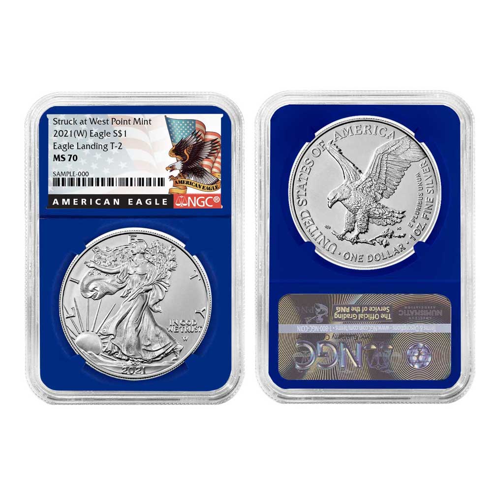 2021 (W) $1 Type 2 American Silver Eagle NGC MS70 Black Label Blue