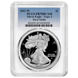 2021-W Proof $1 Type 2 American Silver Eagle PCGS PR70DCAM FS Blue Label White Frame