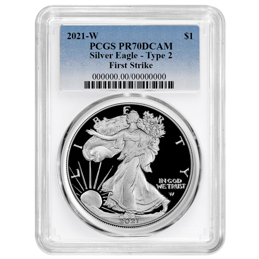2021-W Proof $1 Type 2 American Silver Eagle PCGS PR70DCAM FS Blue Label White Frame