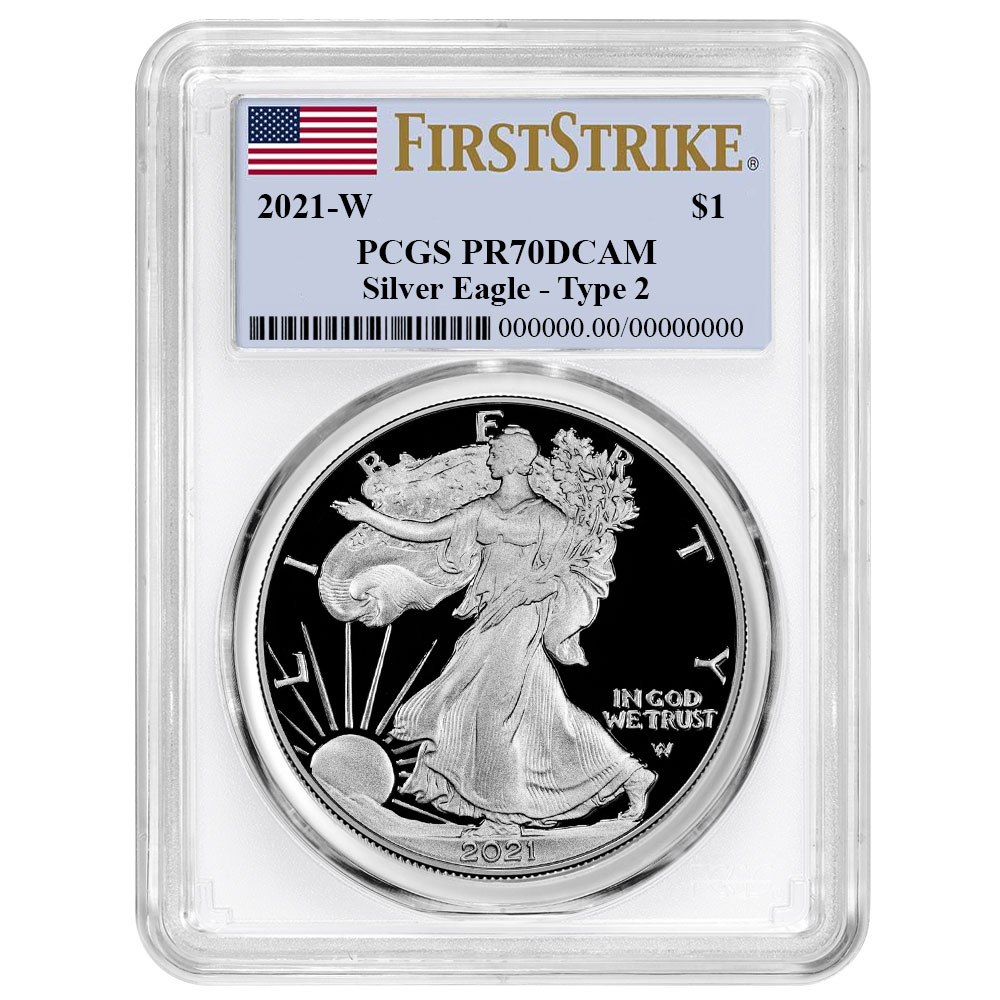 2021-W Proof $1 Type 2 American Silver Eagle PCGS PR70DCAM FS Flag Label White Frame