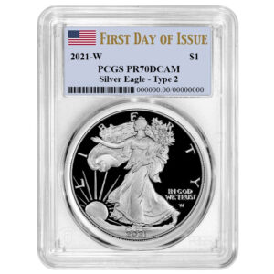 2021-W Proof $1 Type 2 American Silver Eagle PCGS PR70DCAM FDOI Flag Label