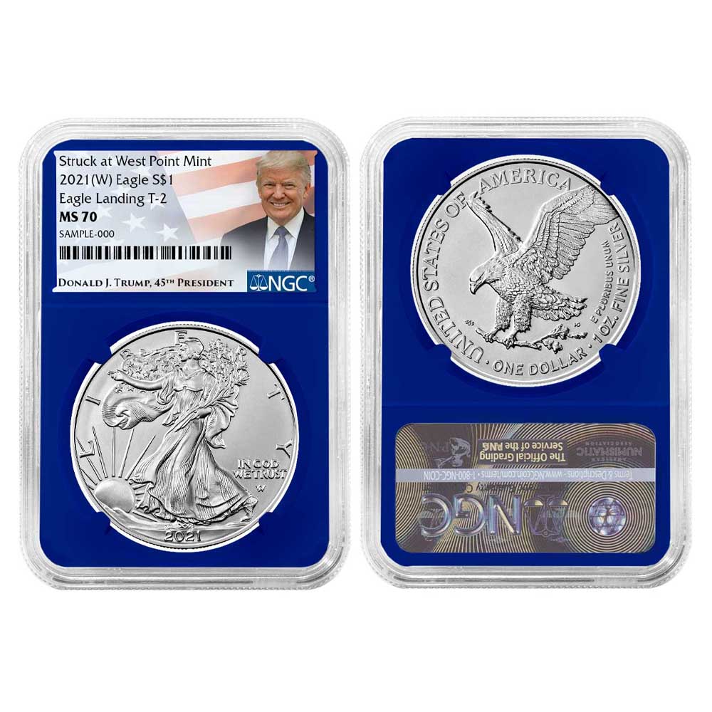 2021 (W) $1 Type 2 American Silver Eagle NGC MS70 Trump Label Blue