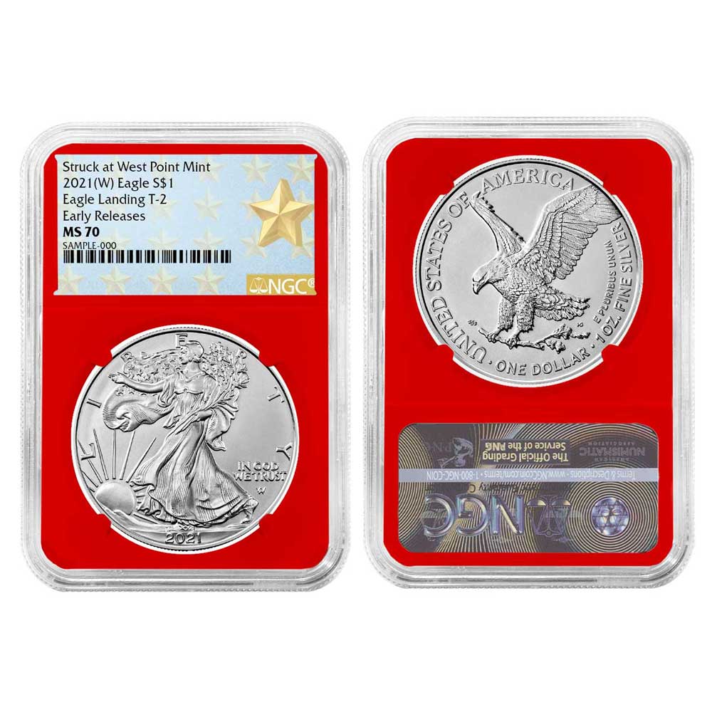 2021 (W) $1 Type 2 American Silver Eagle NGC MS70 ER West Point Star Label Red Core