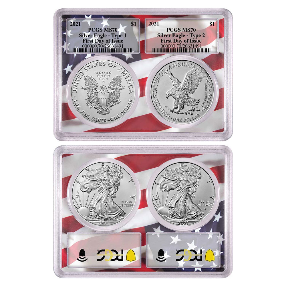 2021 $1 Type 1 and Type 2 Silver Eagle Set PCGS MS70 FDOI Flag