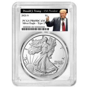2021-S Proof $1 Type 2 American Silver Eagle PCGS PR69DCAM Trump 45th President Label