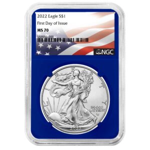 2022 $1 American Silver Eagle NGC MS70 FDI Flag Label Blue Core