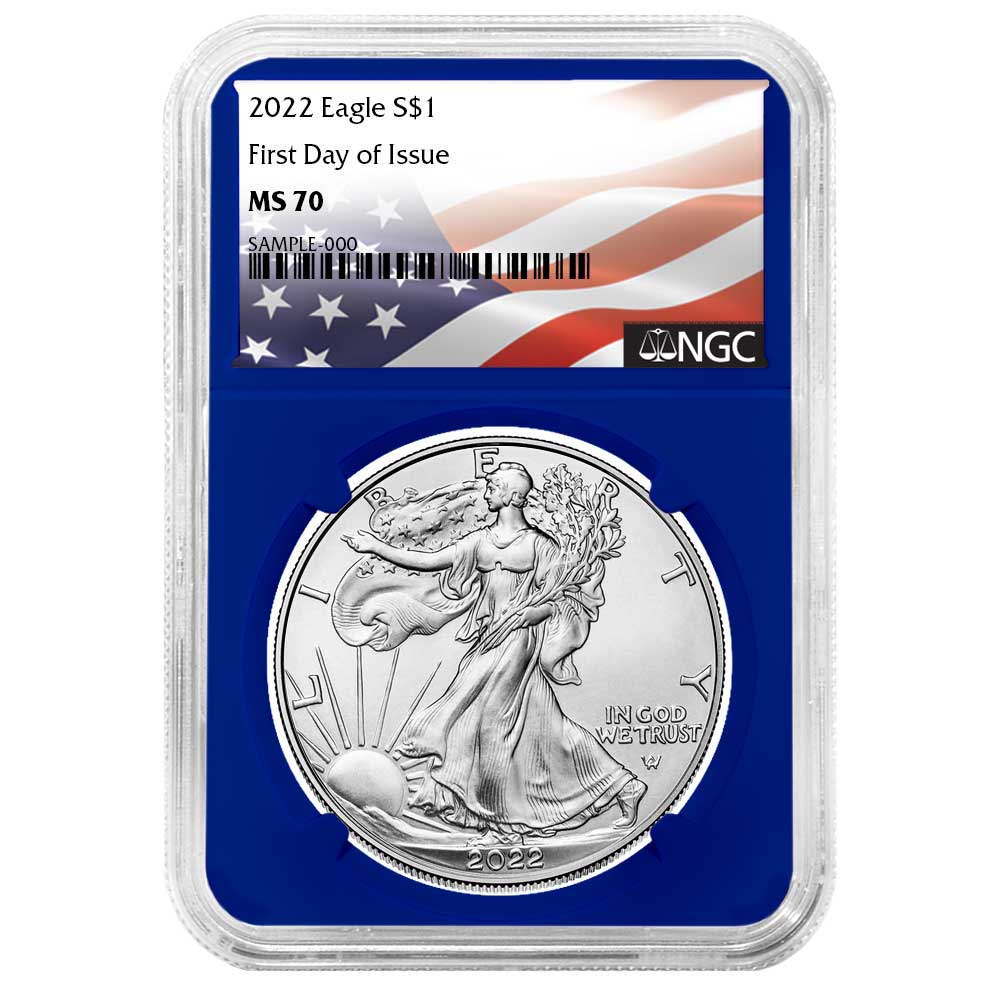 2022 $1 American Silver Eagle NGC MS70 FDI Flag Label Blue Core
