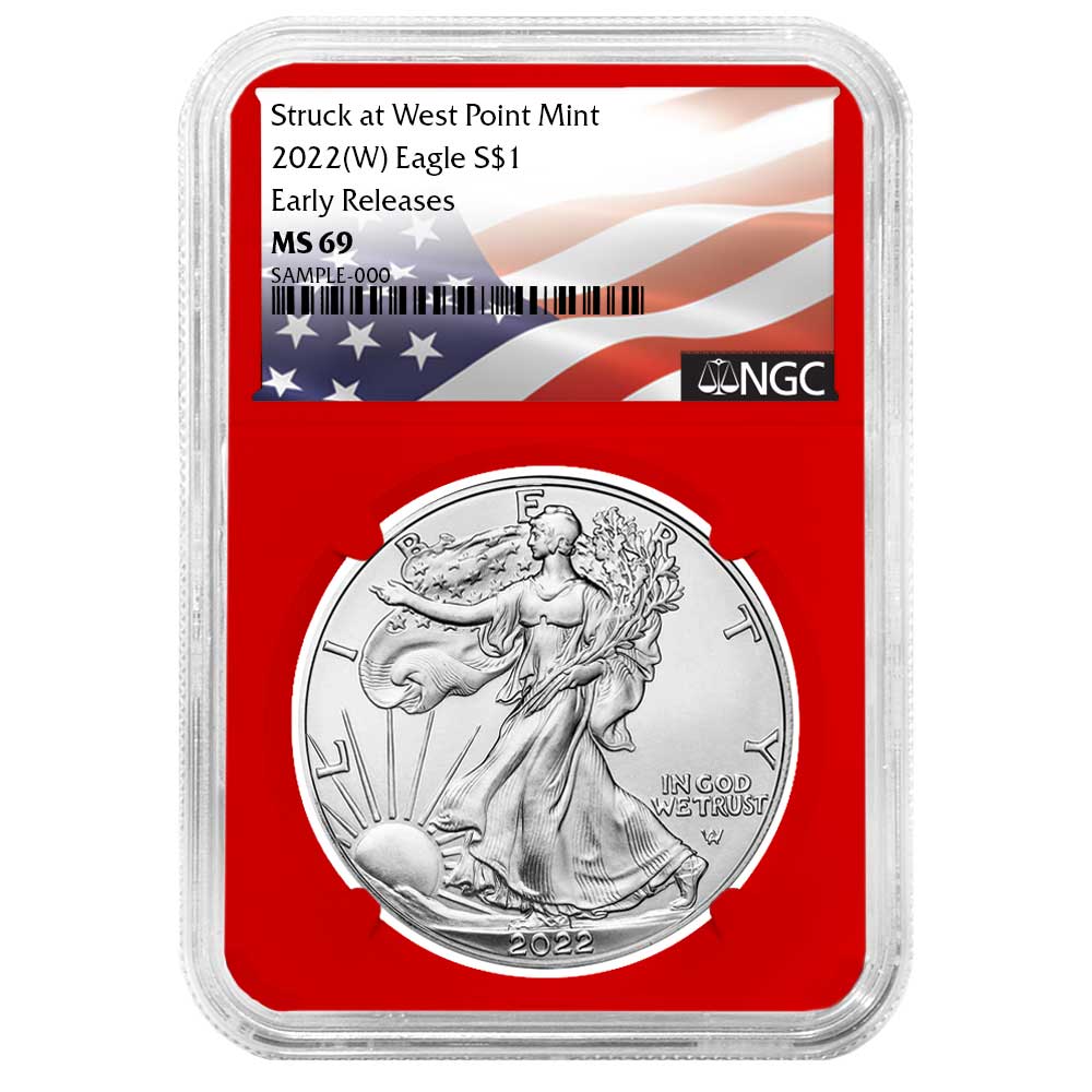 2022 (W) $1 American Silver Eagle NGC MS69 ER Flag Label Red Core