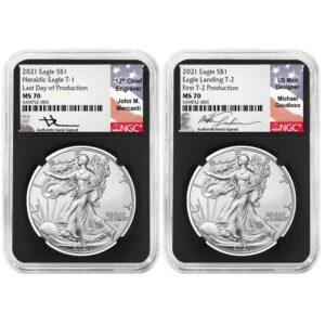 2021 $1 T1 and T2 American Silver Eagle Set Last Day & First Day Production NGC MS70 Black Core Gaudioso/Mercanti Signed Labels
