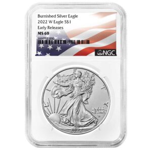 2022-W Burnished $1 American Silver Eagle NGC MS69 ER Flag Label