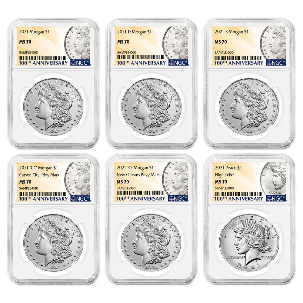2021 $1 Morgan and Peace Silver Dollar 6pc Set NGC MS70 100th Anni