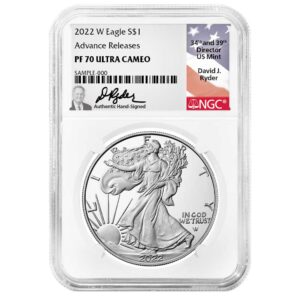 2022-W Proof $1 American Silver Eagle NGC PF70UC AR David Ryder Flag Signature Label