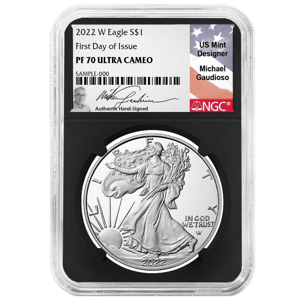 2022-W Proof $1 American Silver Eagle NGC PF70UC FDI Gaudioso Flag Signature Label Retro Core