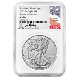 2022-W Burnished $1 American Silver Eagle NGC MS70 AR Ryder Flag Label