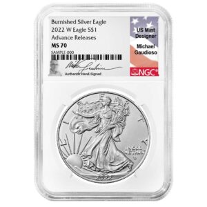 2022-W Burnished $1 American Silver Eagle NGC MS70 AR Gaudioso Flag Label