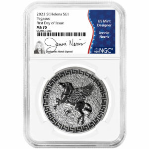 2022 £1 St. Helena "Jennie Norris" Silver Pegasus NGC MS70 FDI Jennie Norris Flag Label