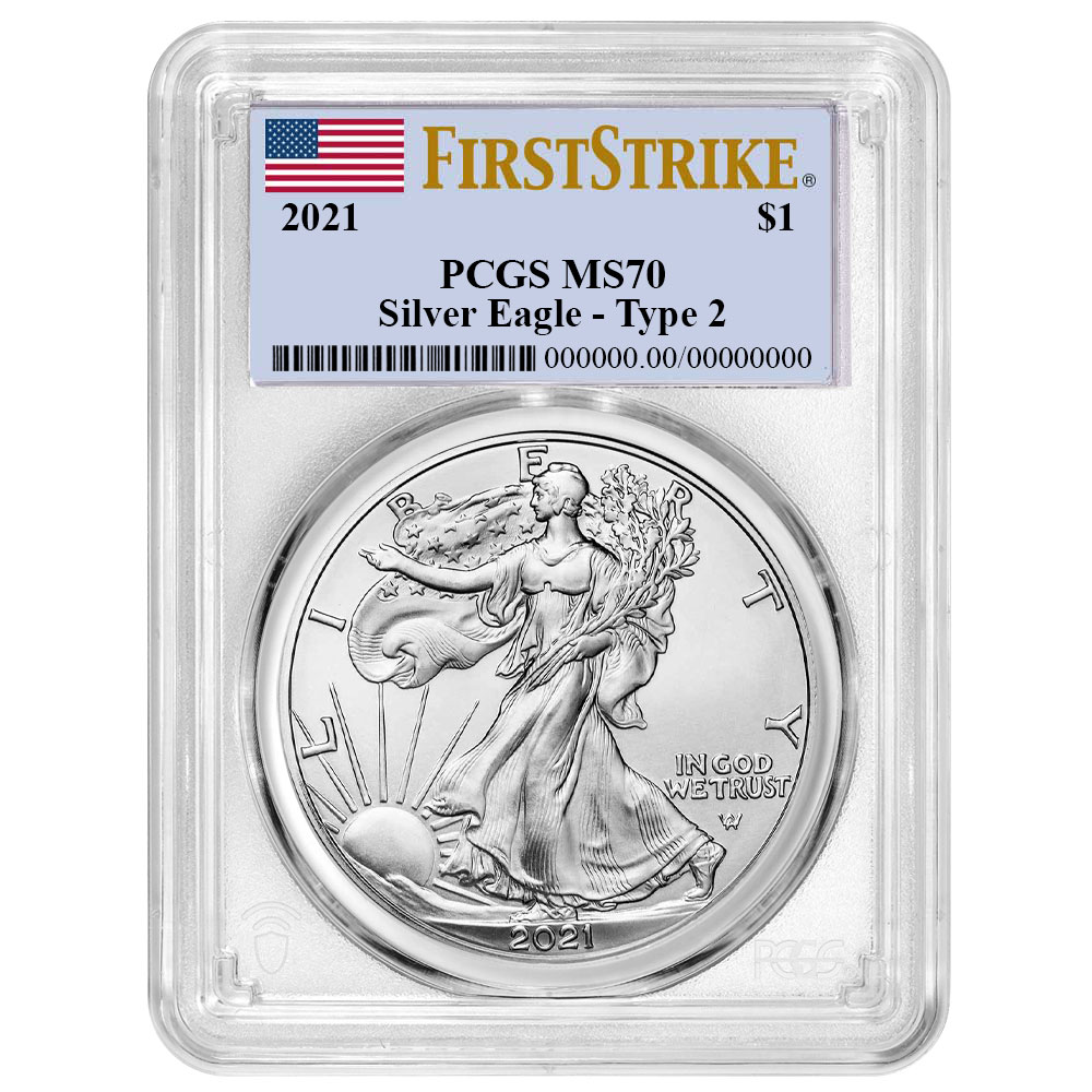 2021 $1 Type 2 American Silver Eagle PCGS MS70 FS Flag Label