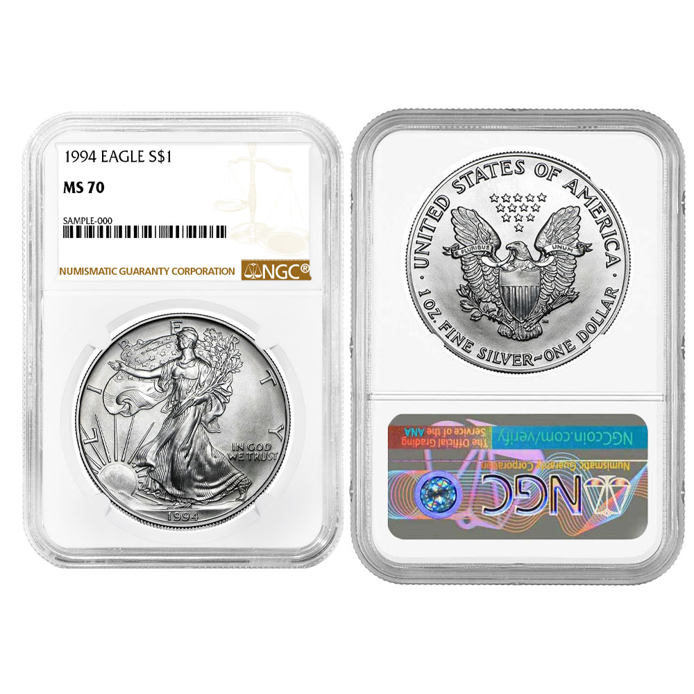 1994 $1 American Silver Eagle NGC MS70 Brown Label - Pinehurst Coins