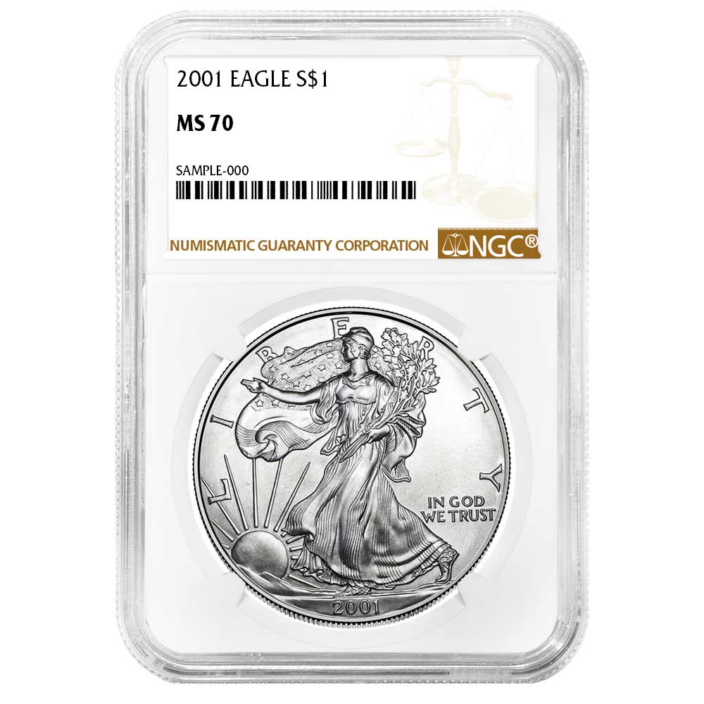 2001 $1 American Silver Eagle NGC MS70 Brown Label - Pinehurst Coins